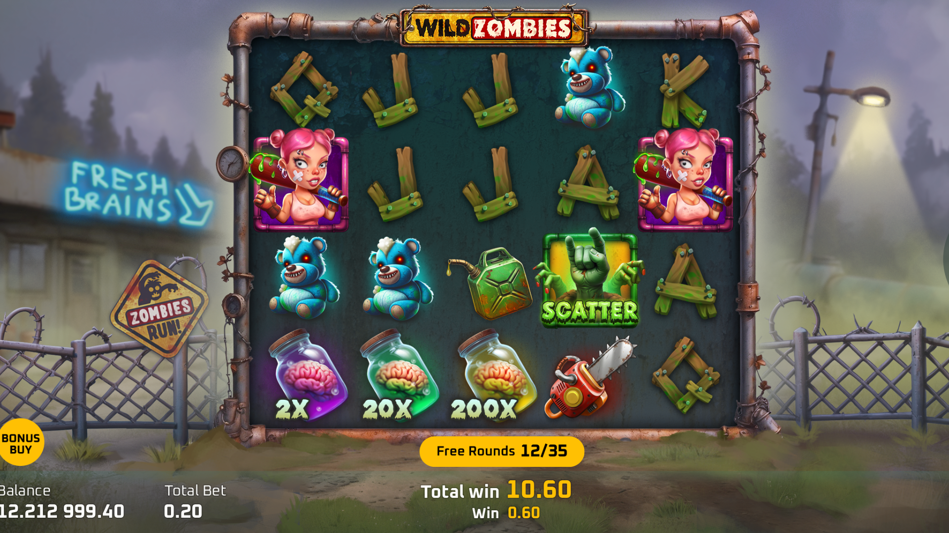 Wild Zombies 4x5 feature scene with Scatter hand, Brain Jars and free-round counter