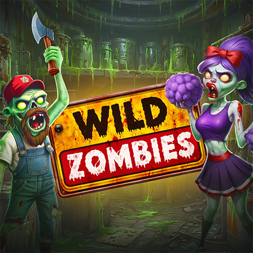 Wild Zombies logo between lumberjack and cheerleader zombies in a green laboratory