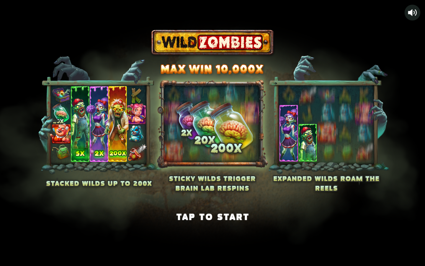 Wild Zombies intro screen showing Stacked Wilds, Brain Jars and roaming Expanded Wilds
