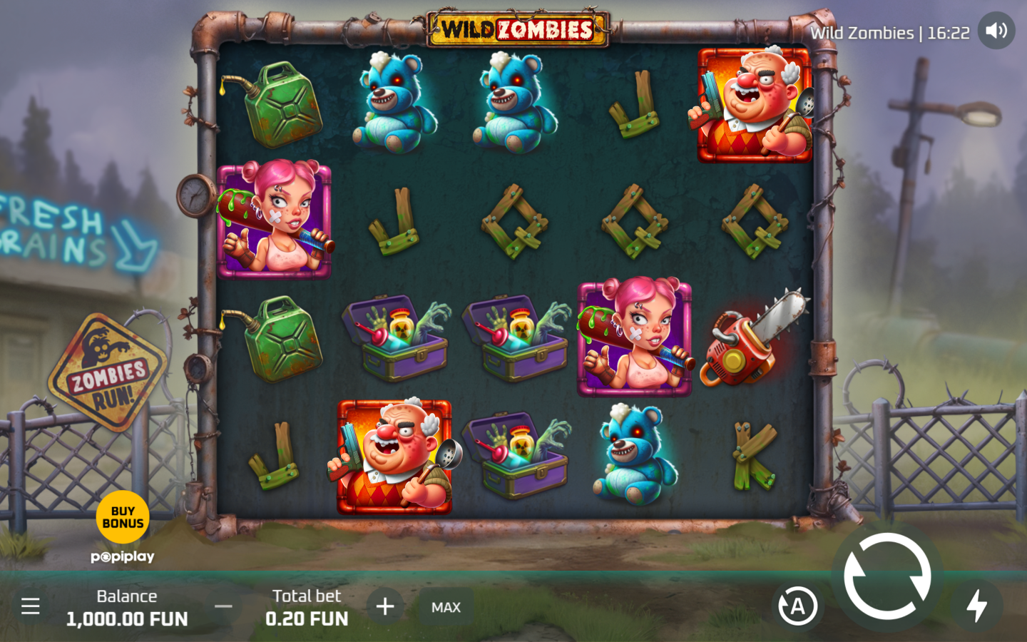 Wild Zombies base-game reels with zombie doctors, cheerleaders, bears and tool symbols