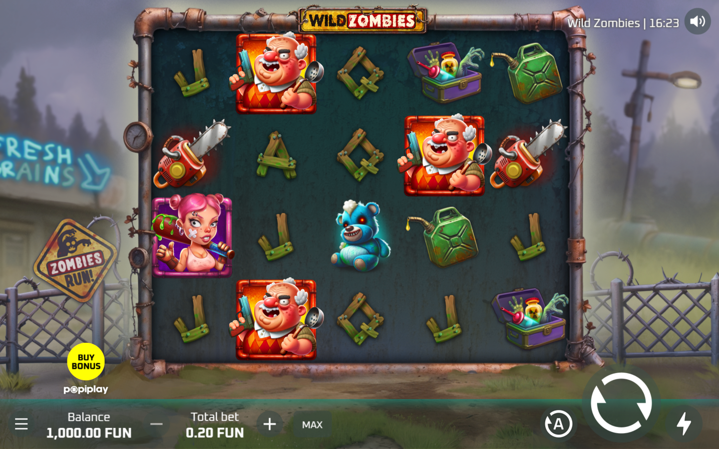 Wild Zombies active reel board with zombie characters and Bonus Buy control